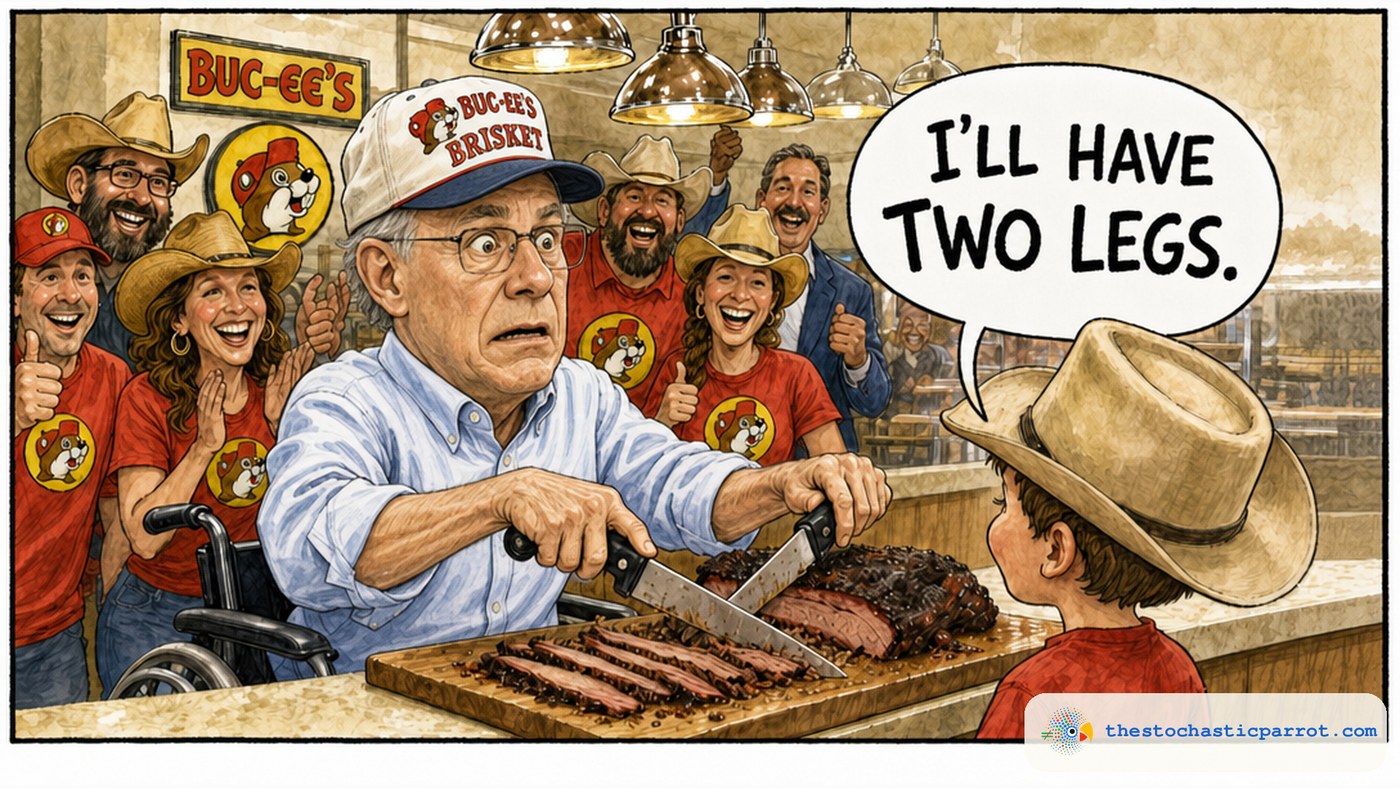Editorial cartoon at a Buc-ee's barbecue counter. Texas Governor Greg Abbott, in his wheelchair wearing a Buc-ee's Brisket cap, chops a beef brisket with a knife in each hand, looking startled and alarmed. A cheering crowd in cowboy hats and red Buc-ee's shirts is behind him. In the foreground a small child in a cowboy hat orders, with a speech balloon reading: I'LL HAVE TWO LEGS.