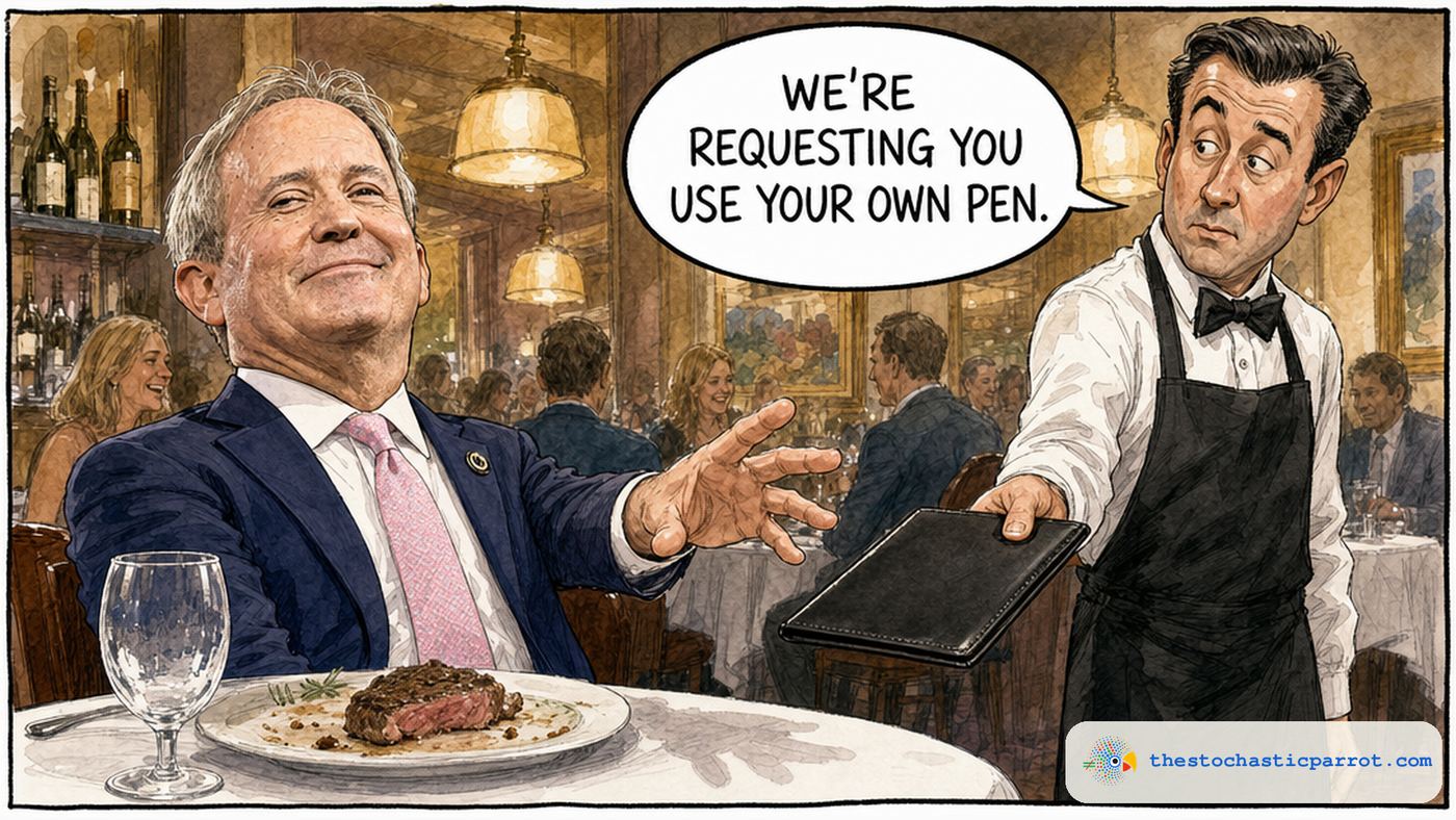 Editorial cartoon in a warm upscale restaurant. Texas Attorney General Ken Paxton, grinning, reaches eagerly with an open hand toward an empty leather check presenter a waiter is setting down — there is no pen anywhere. The waiter, wary, holds the folder slightly out of reach and says: WE'RE REQUESTING YOU USE YOUR OWN PEN.