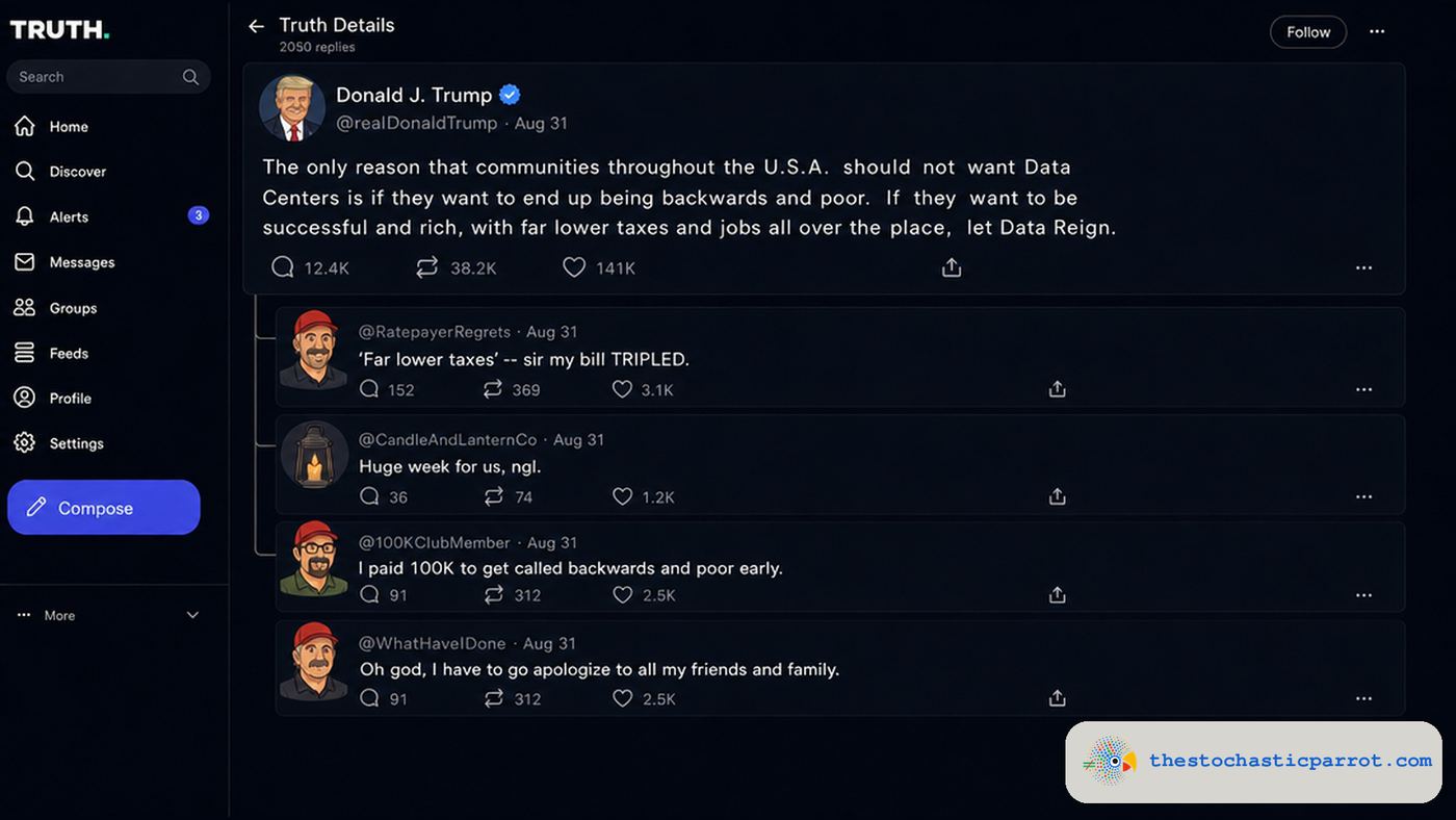 Mock Truth Social screenshot of Trump's real post arguing that communities against data centers will end up backwards and poor and should let data reign, with four fictional replies: one saying their bill tripled, one from a candle and lantern company saying it's a huge week for them, one saying they paid 100K to get called backwards and poor early, and one saying they now have to go apologize to all their friends and family.