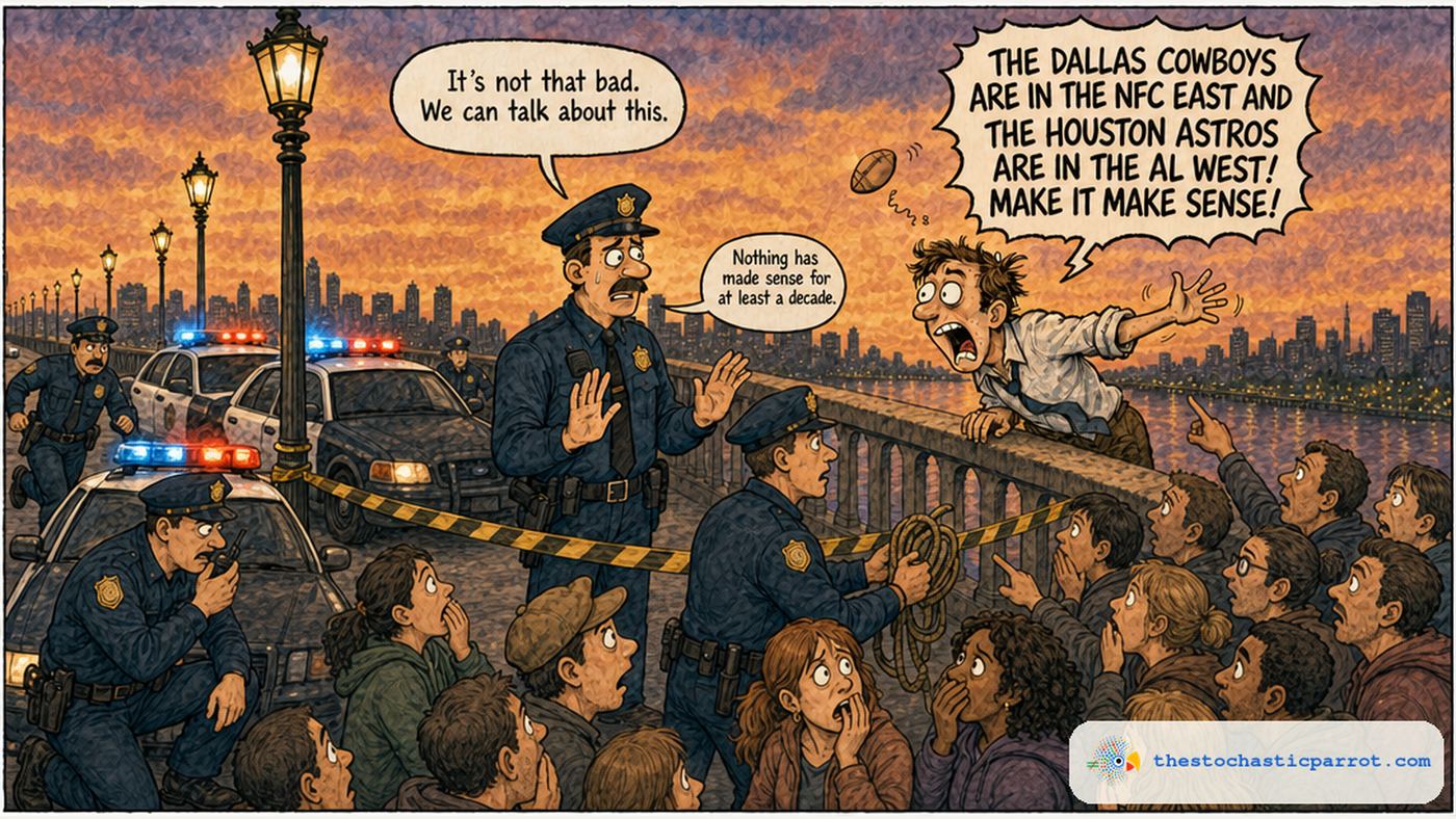 Editorial cartoon: a worried police negotiator with hands raised tells a man hanging off a bridge railing It is not that bad, we can talk about this. The man, wild-eyed and distressed, shouts in a giant balloon: THE DALLAS COWBOYS ARE IN THE NFC EAST AND THE HOUSTON ASTROS ARE IN THE AL WEST! MAKE IT MAKE SENSE! The negotiator, now looking resigned, adds a second balloon between them: Nothing has made sense for at least a decade. Behind them: police tape, two squad cars with lights flashing, several more officers including one on the radio and one holding a coiled rope, and a large crowd of visibly alarmed onlookers, all against a dusk skyline.
