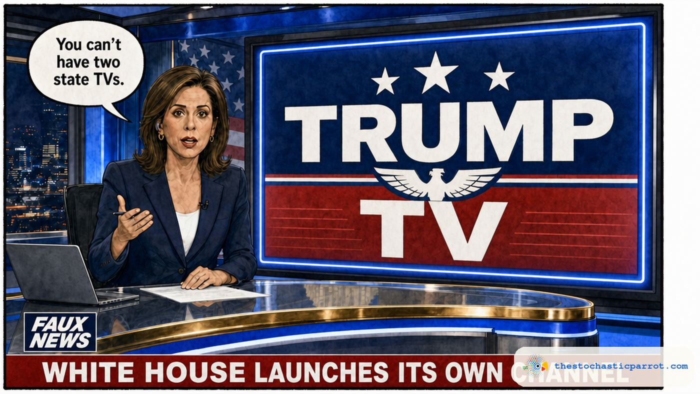 Editorial cartoon: a TV news anchorwoman sits at a glossy desk with gold trim and an American flag backdrop, a "FAUX NEWS" parody bug in the corner. Behind her, a big screen glows with a TRUMP TV channel logo, an eagle emblem in red, white, and blue. Her speech balloon reads: "You can't have two state TVs." A bottom chyron reads: "WHITE HOUSE LAUNCHES ITS OWN CHANNEL."