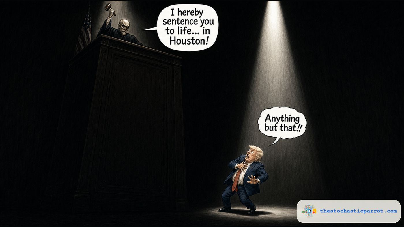 Editorial cartoon: a gaunt, menacing judge perched atop an impossibly tall courtroom bench, raising his gavel into the darkness. A spotlight isolates a tiny, cowering Donald Trump far below on the courtroom floor. The judge's speech balloon reads: "I hereby sentence you to life... in Houston!" Trump's balloon reads: "Anything but that!!"