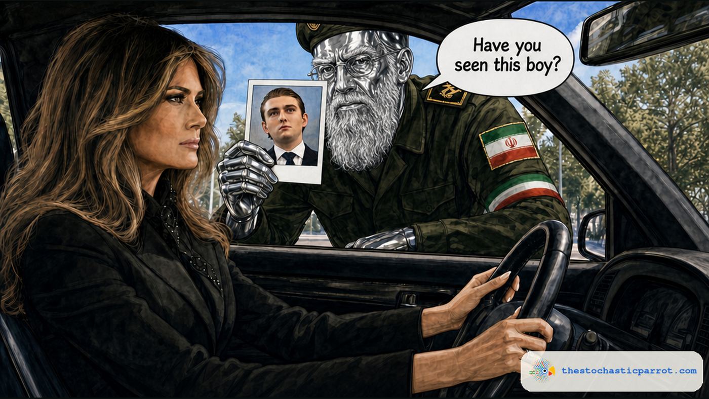 Editorial cartoon, seen from inside a car: Melania Trump grips the steering wheel and stares rigidly ahead while a chrome liquid-metal Terminator-style robot with a long white beard and round glasses, in an olive Iranian military uniform and cap with an Iranian flag patch and armband, leans into her open window holding up a Polaroid of a young man in a dark suit. His speech balloon reads: "Have you seen this boy?"