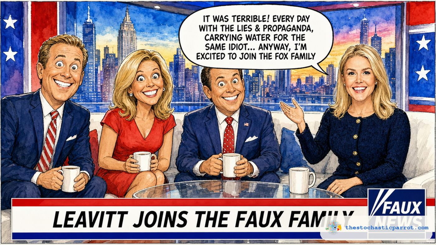 Editorial cartoon: Karoline Leavitt sits on a bright red-white-and-blue cable morning-show couch beside three cheerful, frozen-grinning cohosts holding coffee mugs. A parody "FAUX NEWS" logo sits in the corner and a chyron reads "LEAVITT JOINS THE FAUX FAMILY." Her speech balloon reads: "IT WAS TERRIBLE! EVERY DAY WITH THE LIES & PROPAGANDA, CARRYING WATER FOR THE SAME IDIOT... ANYWAY, I'M EXCITED TO JOIN THE FOX FAMILY"