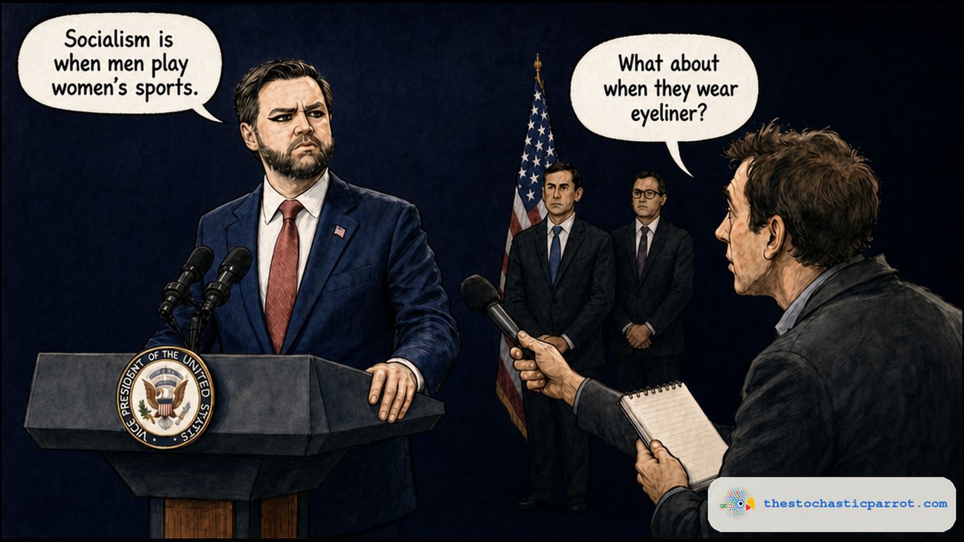 Editorial cartoon: at a White House press conference against a plain black backdrop, Vice President JD Vance stands at the seal podium wearing bold black winged eyeliner and a deadpan expression, saying, "Socialism is when men play women's sports." Two staff members stand at ease in the background. A reporter in the foreground holds a microphone and notepad toward him and asks, "What about when they wear eyeliner?"