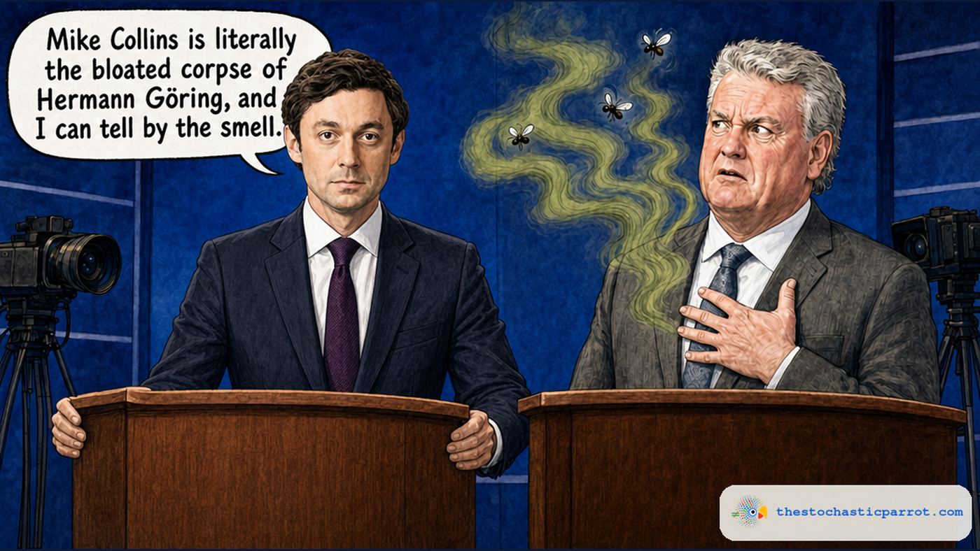 Satirical editorial cartoon, not a real quote: at a televised Georgia Senate debate, Jon Ossoff stands square-on at his podium with a hand on each side, staring deadpan into the camera, and says, "Mike Collins is literally the bloated corpse of Hermann Göring, and I can tell by the smell." At the next podium Mike Collins, drawn as himself, looks bewildered with a hand on his chest as green stink lines and flies drift around him. The line exaggerates a real remark Ossoff made in the October 8 debate about Collins hiring half the Third Reich to staff his office.