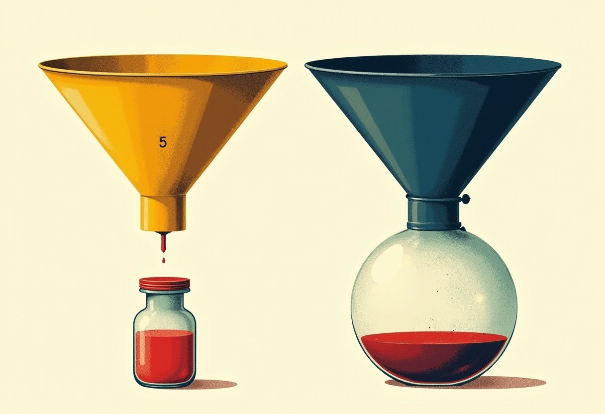 Two funnels on a cream background: a yellow one marked '5' drips red liquid into a small jar, a dark blue one empties into a large round flask filling with red liquid.