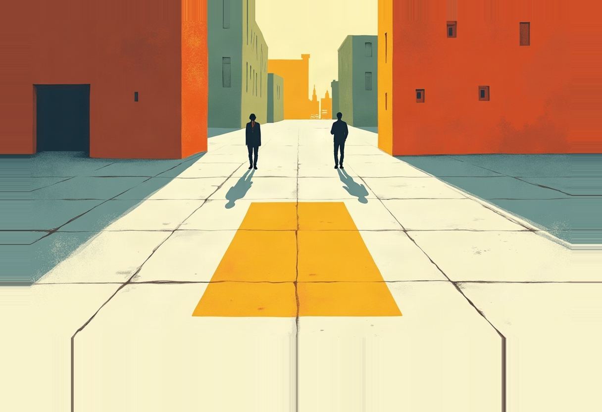Two dark silhouetted figures stand on a pale plaza beside a yellow trapezoid of light, flanked by tall orange and teal buildings with a hazy city skyline beyond.