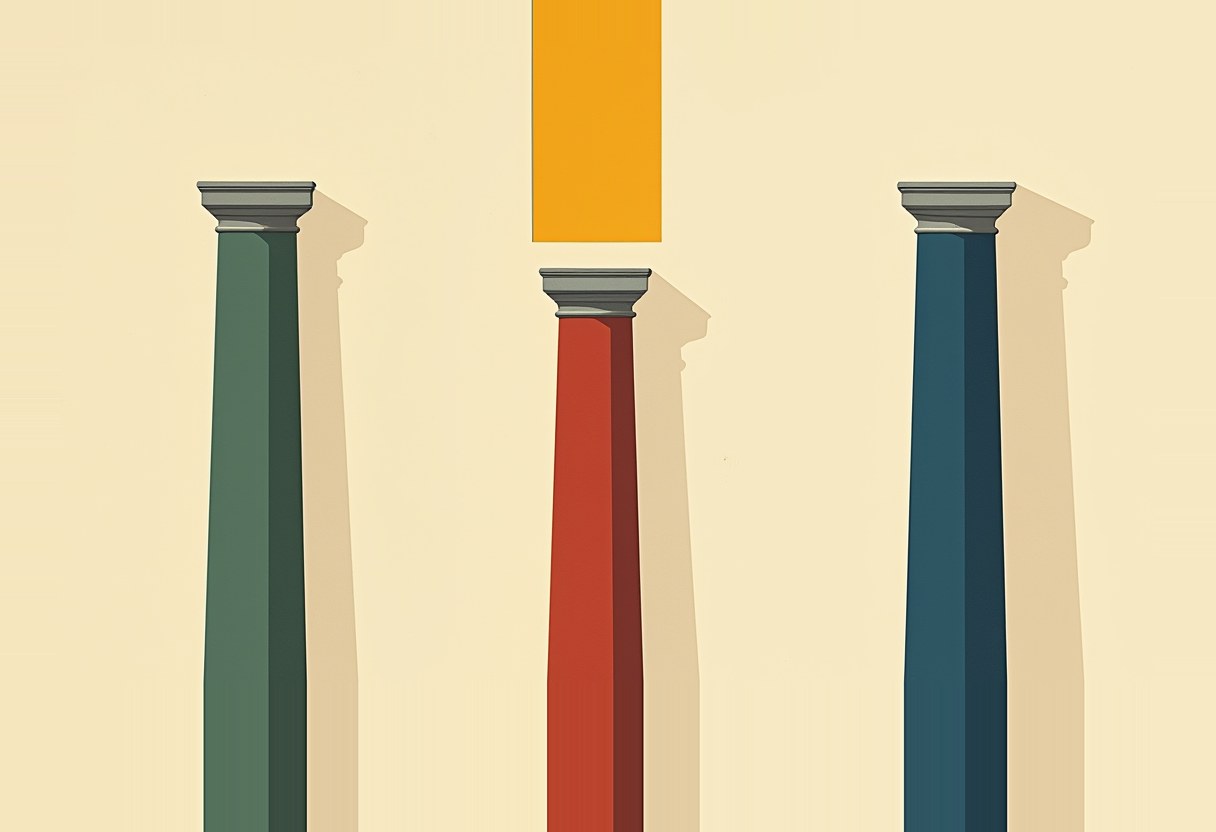Three classical stone columns in green, red, and blue stand at different heights on a cream background, with an orange rectangular bar floating above the shortest gap between them.