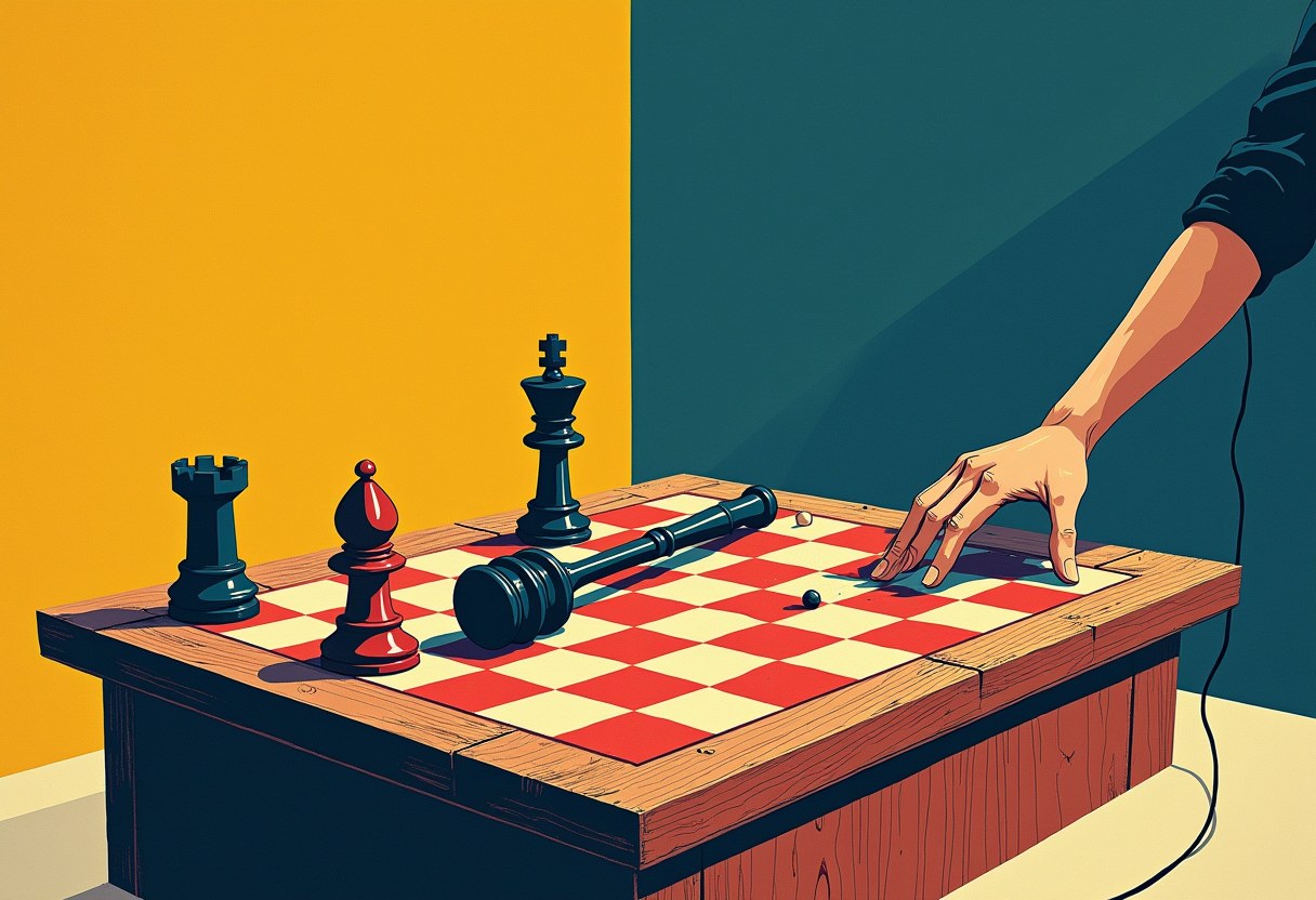 A hand with a cable at its wrist reaches across a red-and-white checkered board holding a black king, red bishop, black rook, and a fallen gavel.