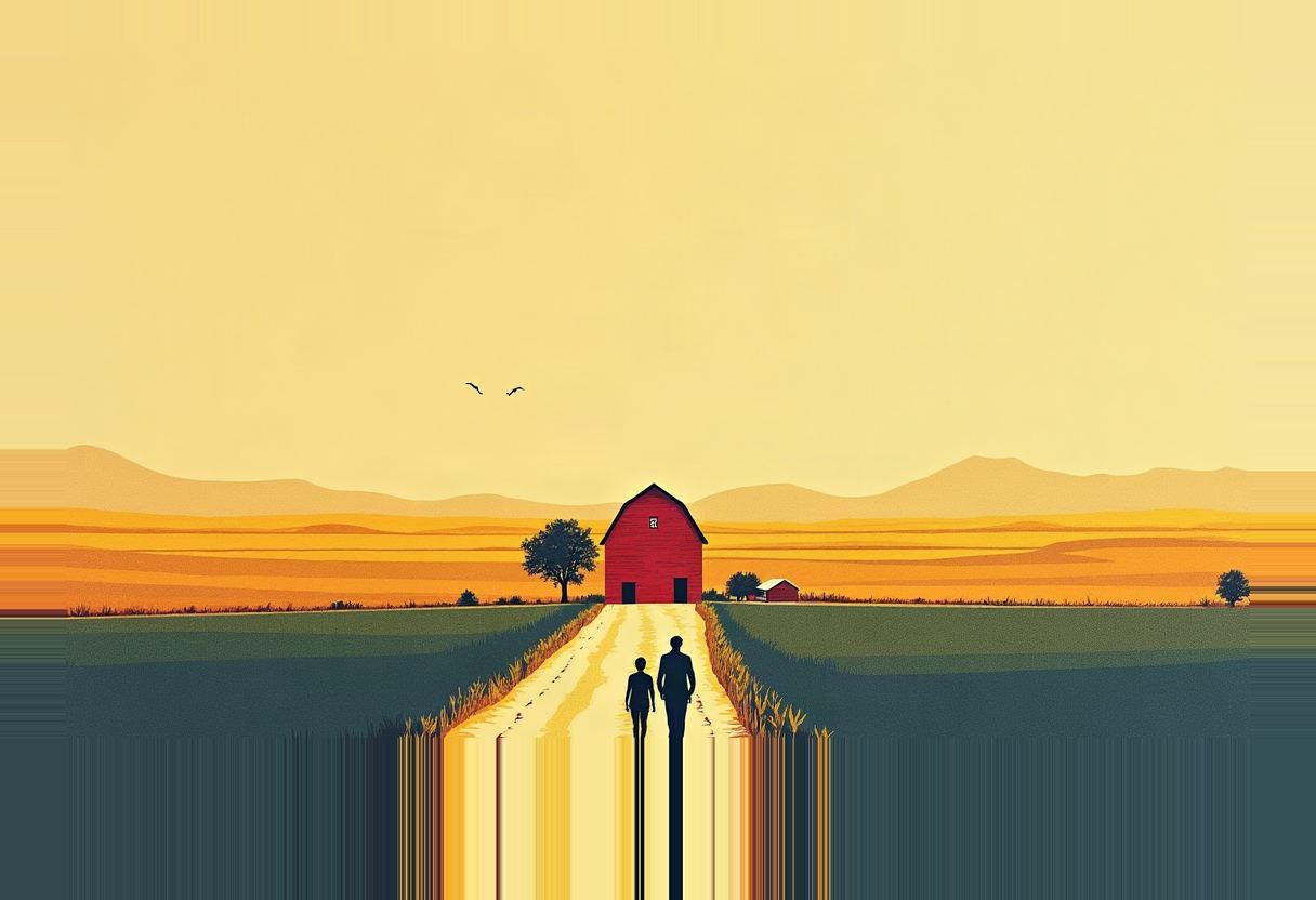 Two dark silhouetted figures walk down a dirt path toward a red barn amid golden-yellow fields, distant hills, and two flying birds under a pale yellow sky.