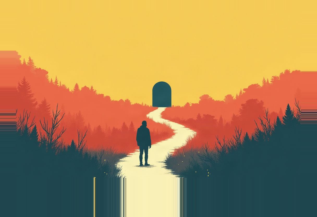 A silhouetted figure stands on a pale winding path through dark red-orange treelines under a yellow sky, facing a freestanding dark archway ahead.