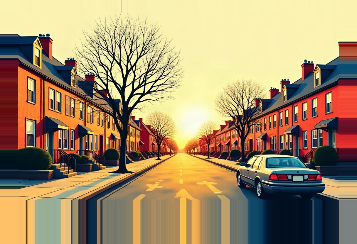 A pale sedan drives down an empty rowhouse-lined street toward a glowing sunset, bare trees flanking the road, with a glitched, mirrored strip distorting the lower portion of the image.