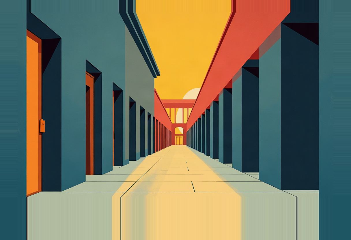 Flat-style illustration of a long colonnaded corridor in dark teal and orange, receding toward a glowing yellow sky with a red diagonal beam overhead.