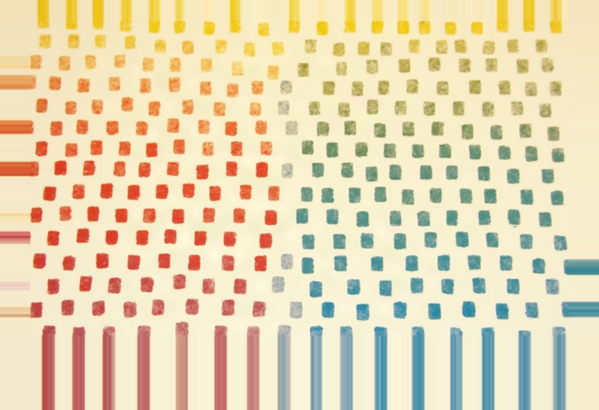 A grid of small square stamp-like marks shifts from red/orange/yellow on the left to blue/green/yellow on the right, with thin vertical lines bordering the top and bottom rows, on a cream background.