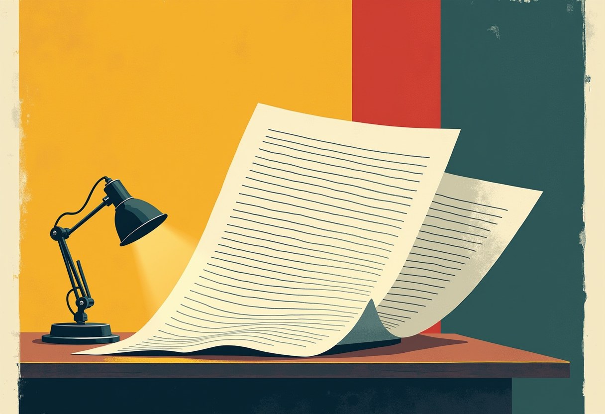 A black desk lamp illuminates two large curling sheets of lined paper on a desk, set against a yellow, red, and dark teal striped background.