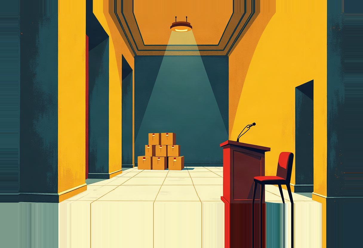 Illustration of an empty hallway with a stack of sealed cardboard boxes under a spotlight, beside a red podium with microphone and chair, yellow and teal walls.
