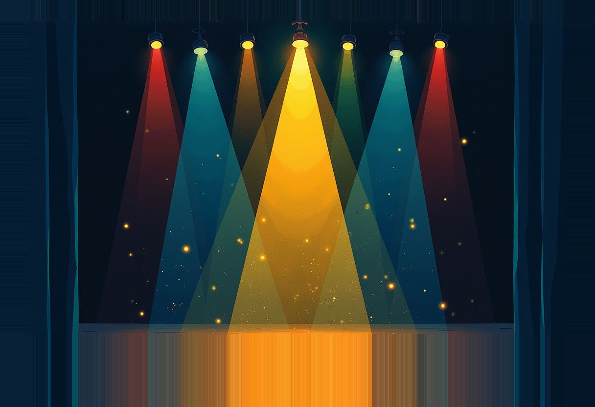Seven stage spotlights in red, teal, and gold beam down onto an empty stage, with a central bright yellow light and drifting sparks against dark curtains.