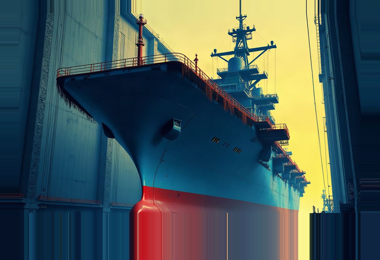 Bow of a navy aircraft carrier with a red hull and blue superstructure and radar mast, flanked by tall drydock walls under a yellow sky.