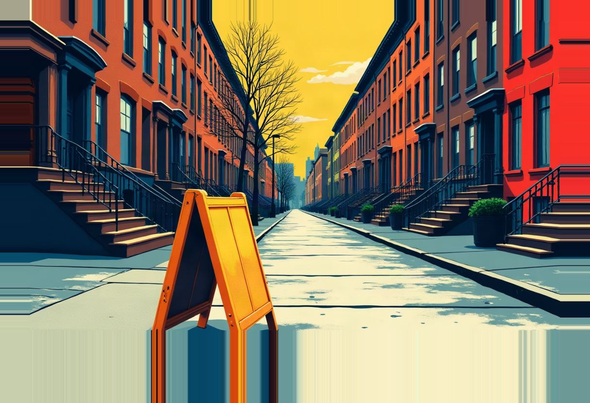 Illustrated brownstone-lined street with a blank yellow A-frame sandwich board on the sidewalk, a bare tree, and a yellow sky at the vanishing point.