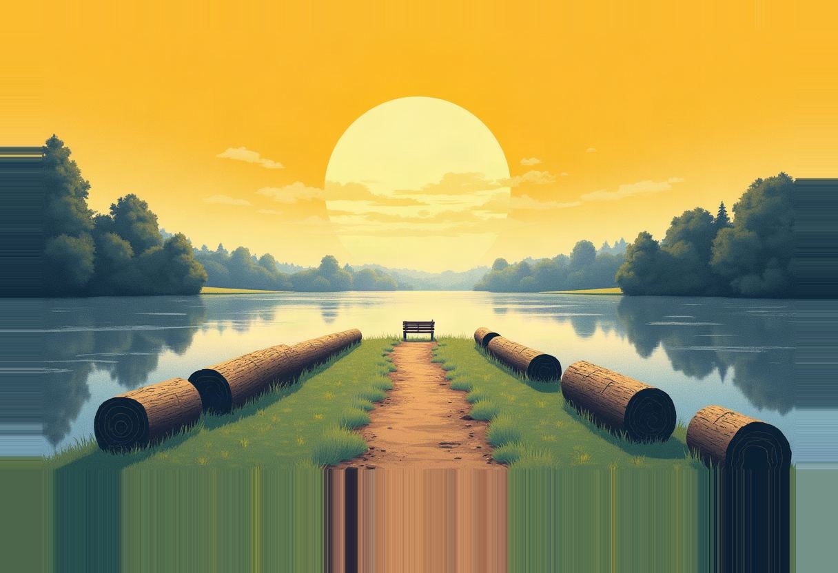 Illustration of four large cut tree logs lying beside a dirt path leading to a bench on a narrow grassy point between two still lakes, under a large orange sun.