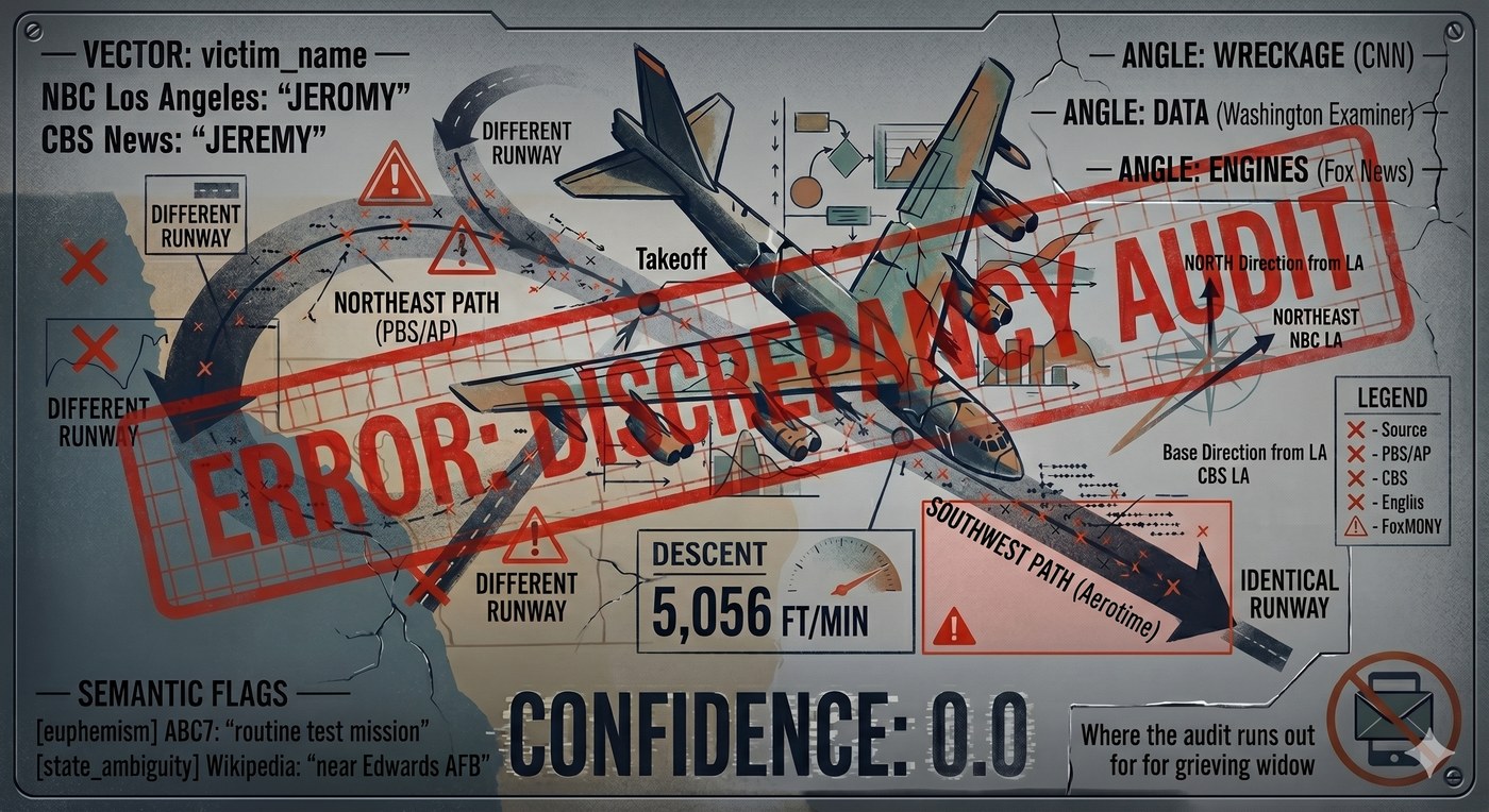 Infographic with a large aircraft nose-diving over a map, red arrows for conflicting flight paths, a giant red DISCREPANCY AUDIT stamp, and text panels of names, angles, and semantic flags.