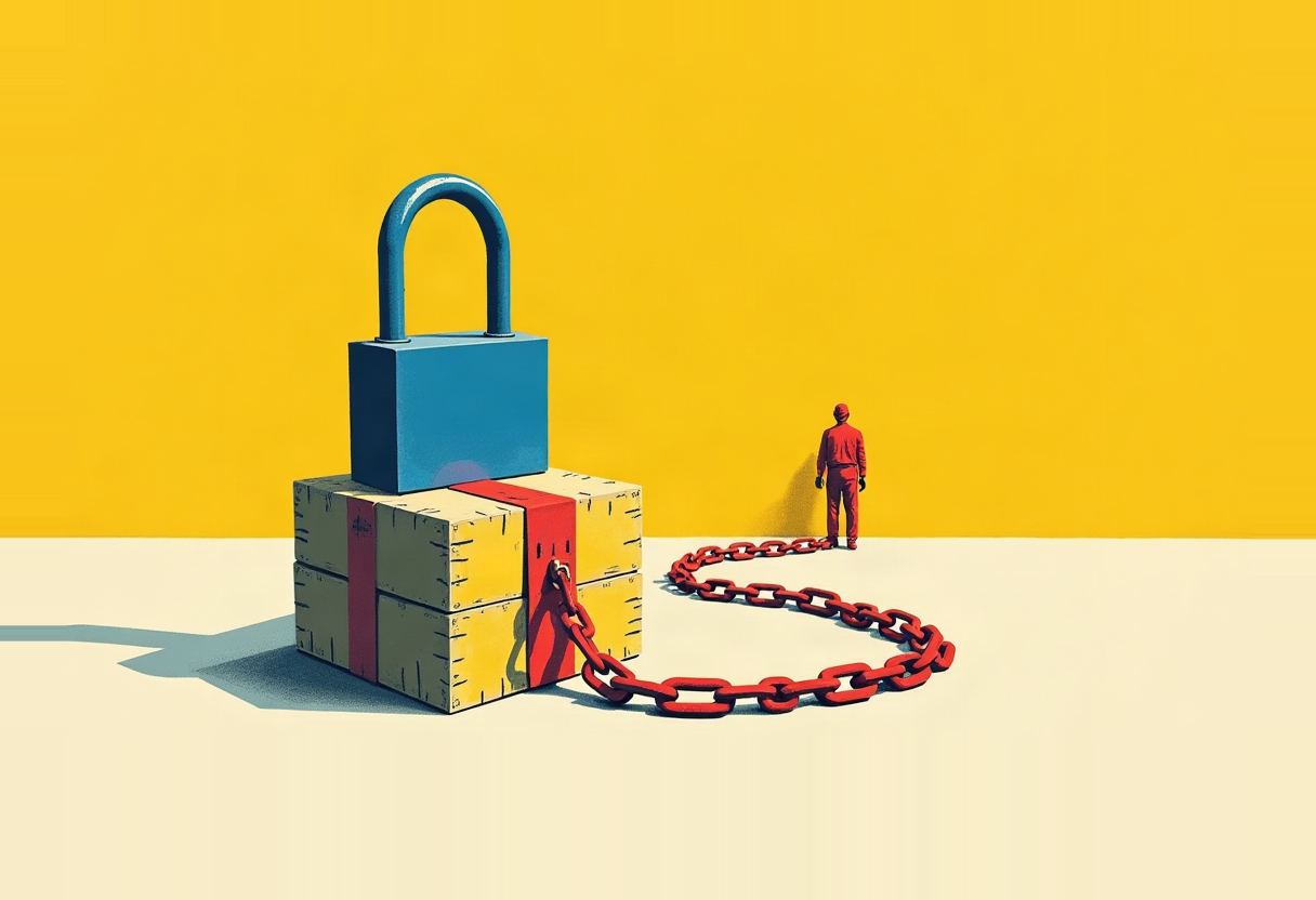 A large blue padlock sits atop a stack of wooden crates with a red stripe, chained with a red chain to a small red figure standing against a yellow wall.