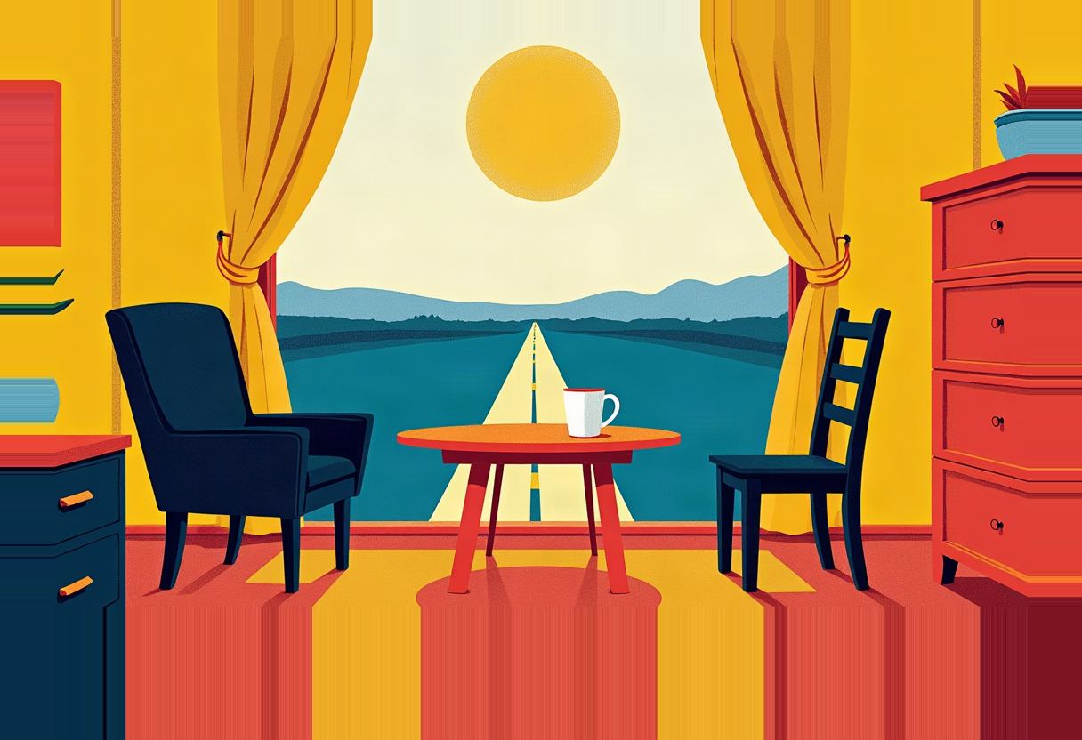 Illustrated room with two empty chairs flanking a round table holding one mug, framed by yellow curtains opening onto a road running toward a lake and sun.