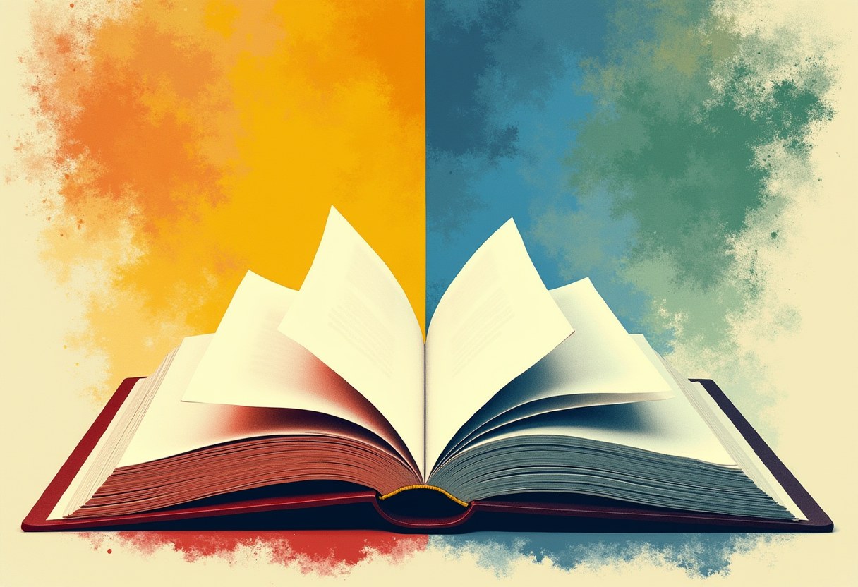 An open book with red-edged pages on the left and blue-edged pages on the right sits before a background split into orange and blue halves.