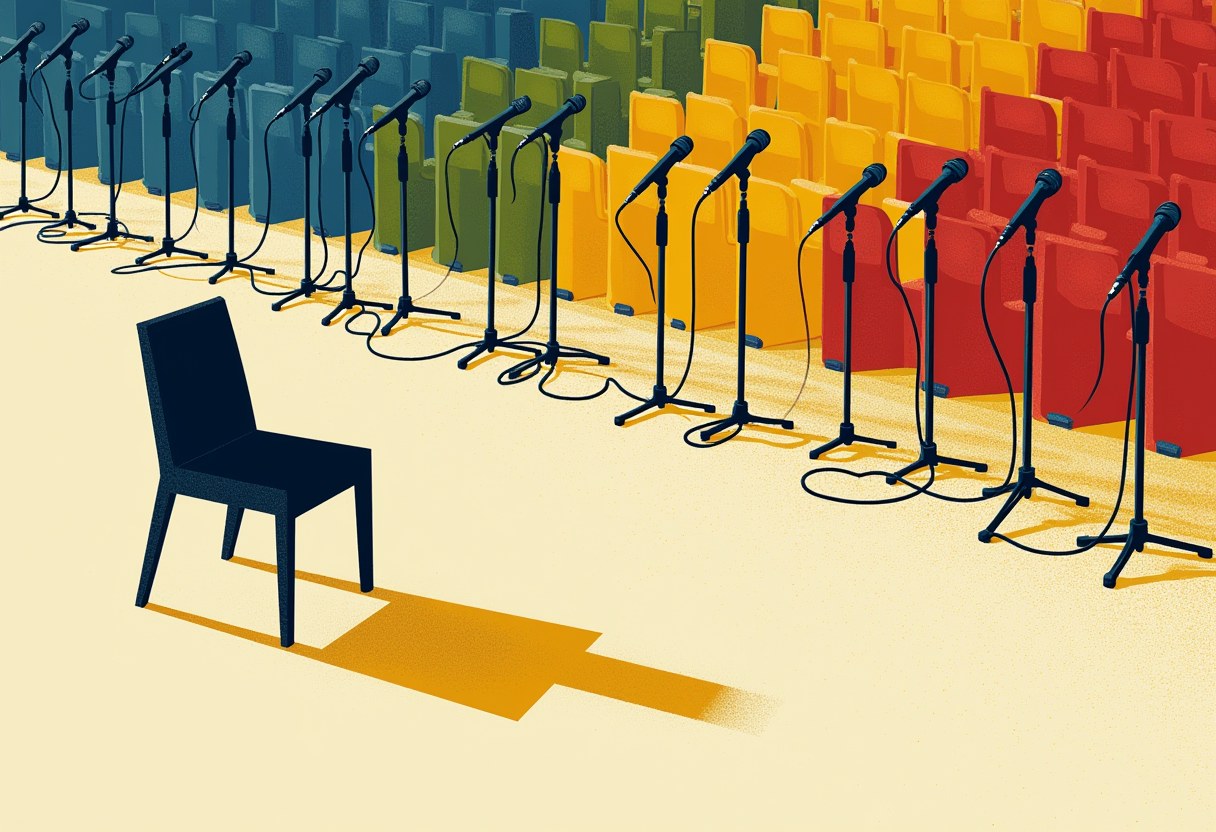 A single dark empty chair sits before a diagonal row of upright microphone stands, backed by empty auditorium seats colored in blue, green, yellow, and red bands.