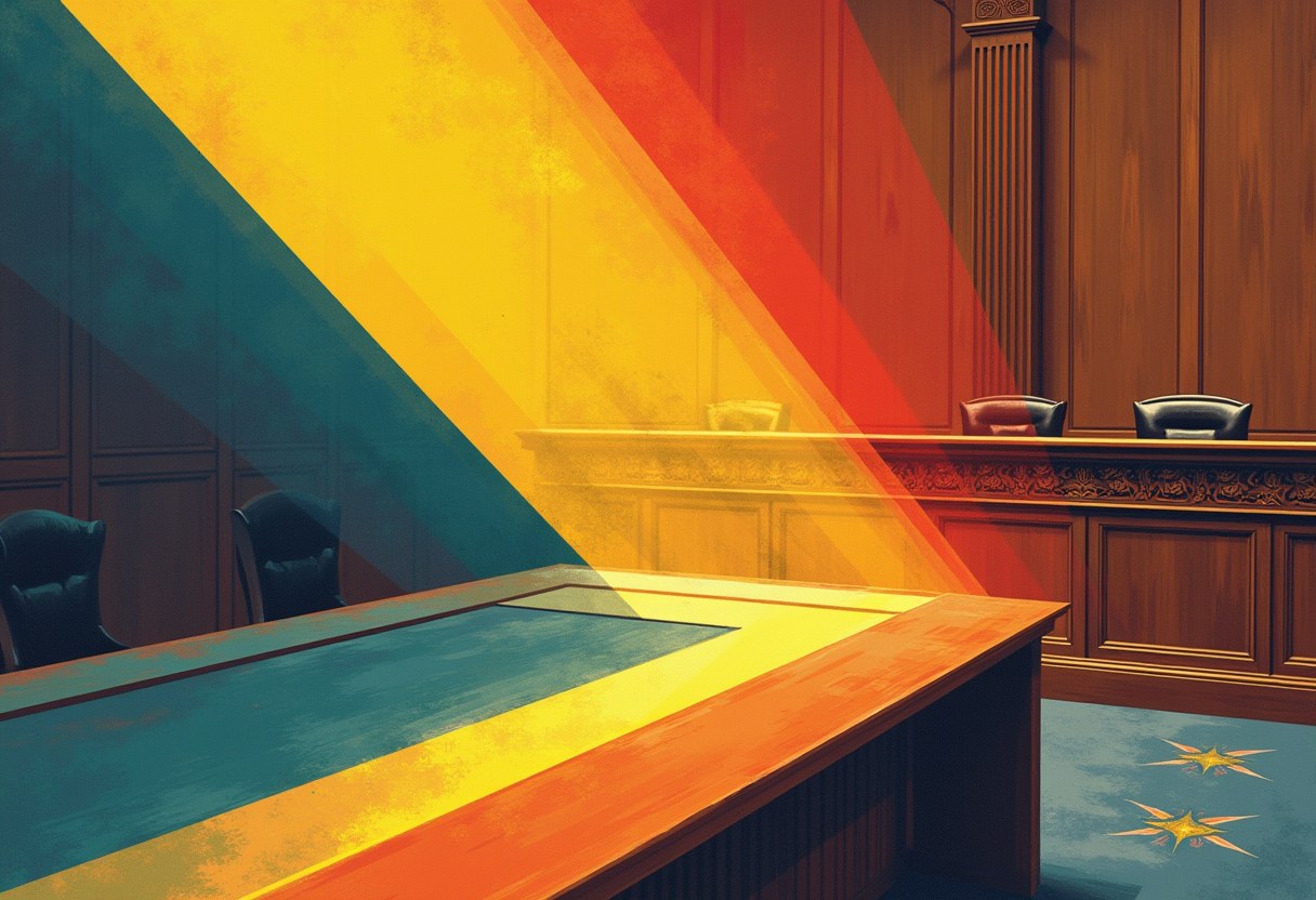 An empty wood-paneled hearing room with a raised dais and black chairs, crossed by diagonal bands of teal, yellow, orange and red light.