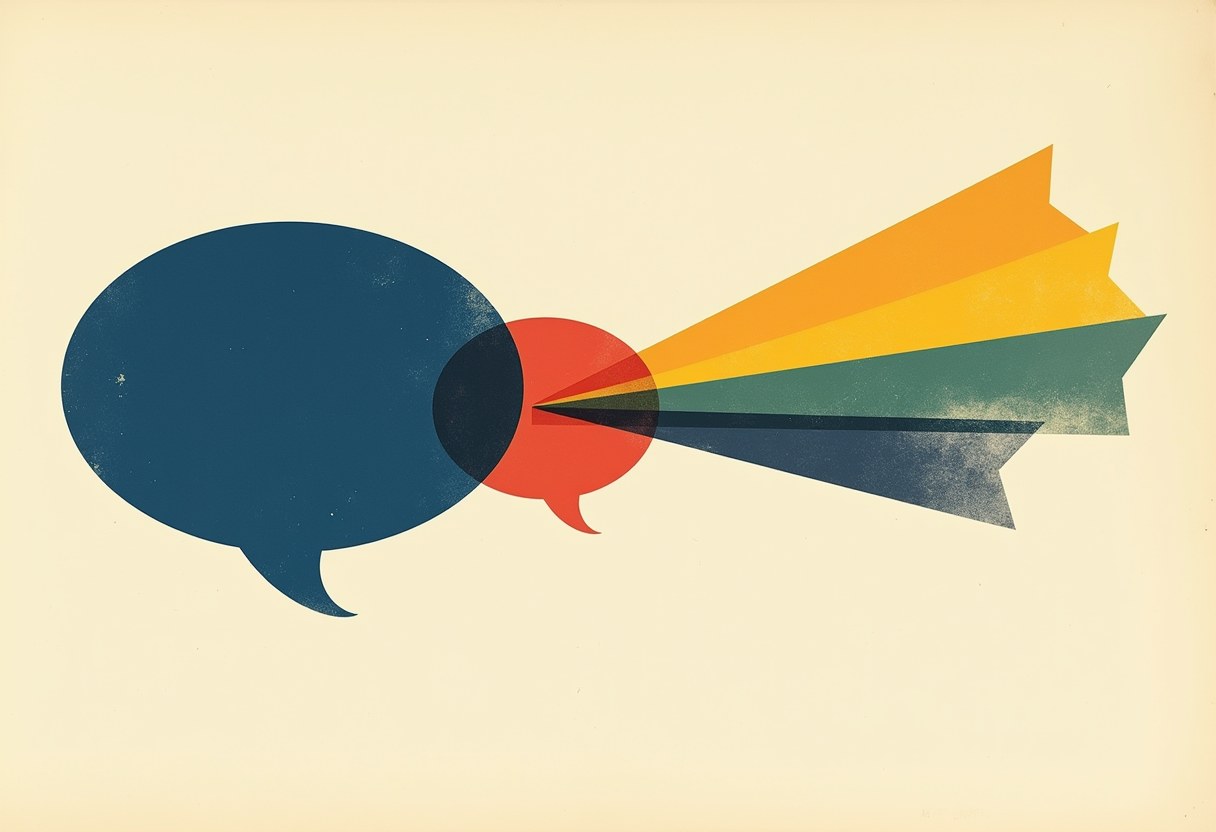 A dark blue speech bubble overlaps a smaller red one, from which orange, yellow, teal, and dark blue jagged rays fan out to the right on a cream background.
