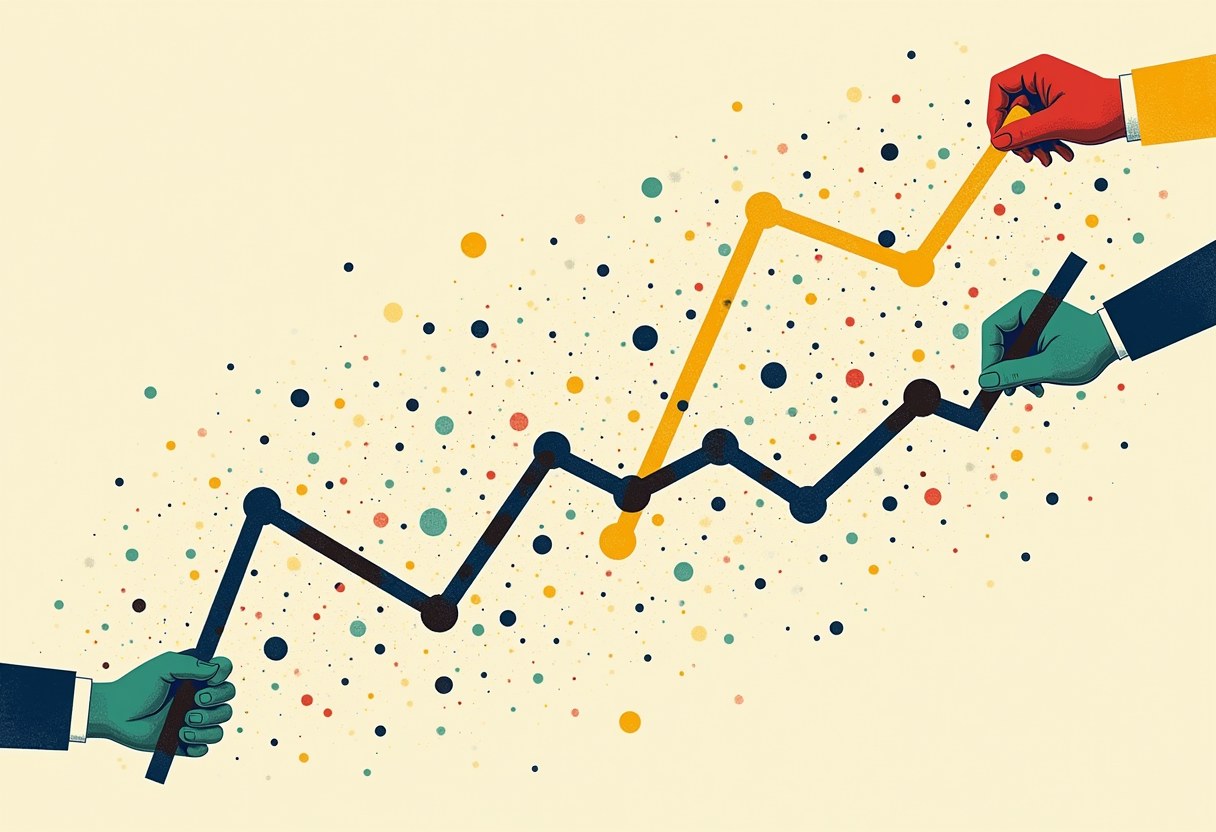 Illustration of scattered dots behind a zigzagging line chart, drawn in navy by one hand and diverted upward in orange by a red-cuffed hand, on a cream background.