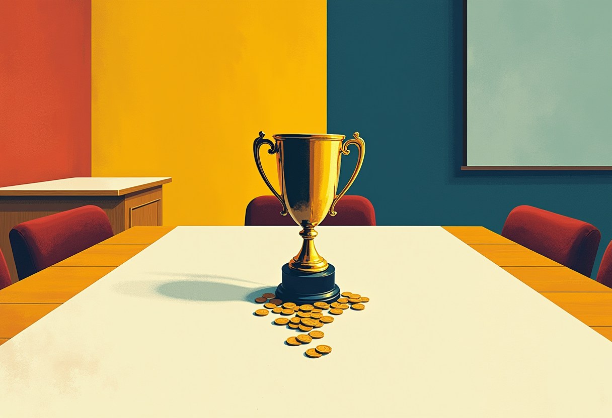 A gold trophy with a spilled pile of gold coins sits on a boardroom table with red chairs, against red, yellow, and teal wall panels.
