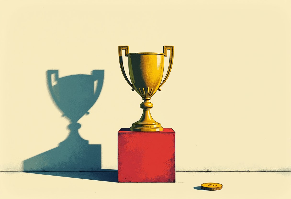 A gold trophy cup sits on a red pedestal against a pale yellow background, casting a long shadow, with a single gold coin on the floor nearby.