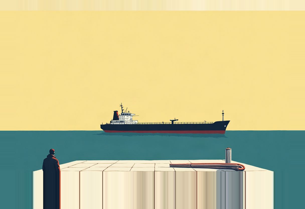 A dark oil tanker with a red hull stripe sits on teal water under a yellow sky, viewed from a stone pier where a cloaked figure stands near a coiled rope and mooring post.