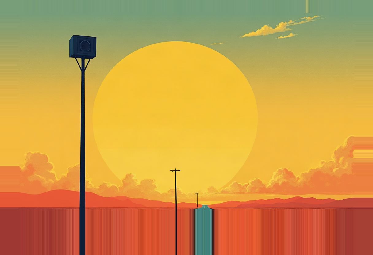 A camera on a tall pole overlooks a road receding toward a large yellow sun, with utility poles, orange hills, and clouds against a green-to-orange sky.