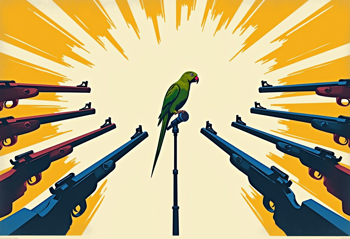 A green parrot perched on a microphone stand between two rows of rifles aimed at it, against a yellow starburst background.