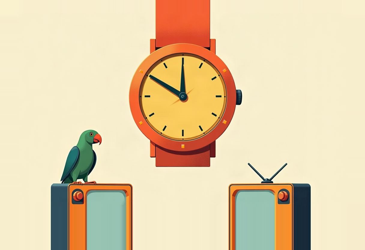 A green parrot perches on one of two small orange-and-teal retro TVs below a large orange wristwatch, against a cream background.