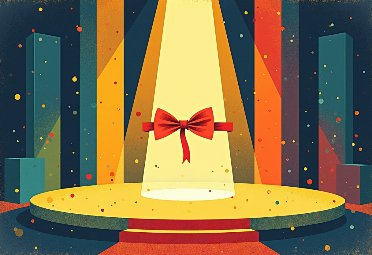 A large red bow floats under a spotlight above a round yellow stage, flanked by striped orange and teal pillars and confetti dots.