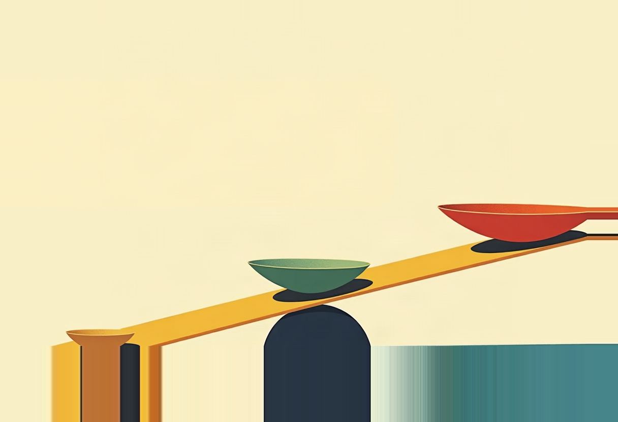 A yellow diagonal beam balances on a dark pedestal, holding a red bowl, green bowl, and smaller orange bowl at different heights, against a pale cream background.
