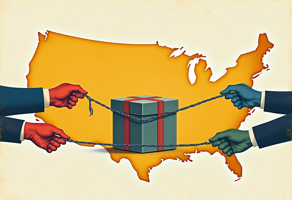 Two red-sleeved hands and two blue/green-sleeved hands pull ropes tied around a boxed gift, over an orange silhouette of the United States on cream background.