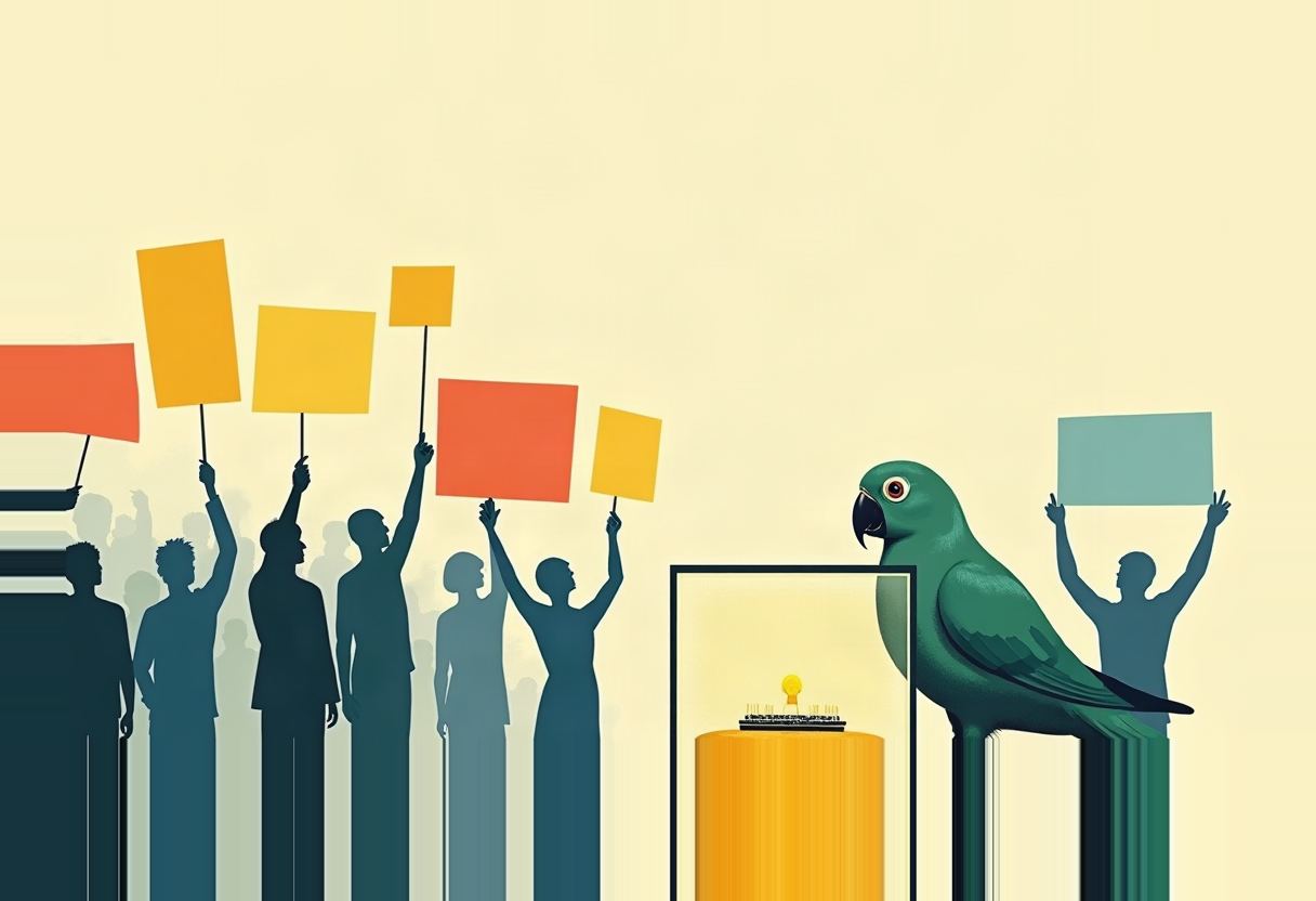 A large green parrot sits beside a glass case displaying a small object on a pedestal, as silhouetted figures hold blank orange, yellow, and teal signs aloft.