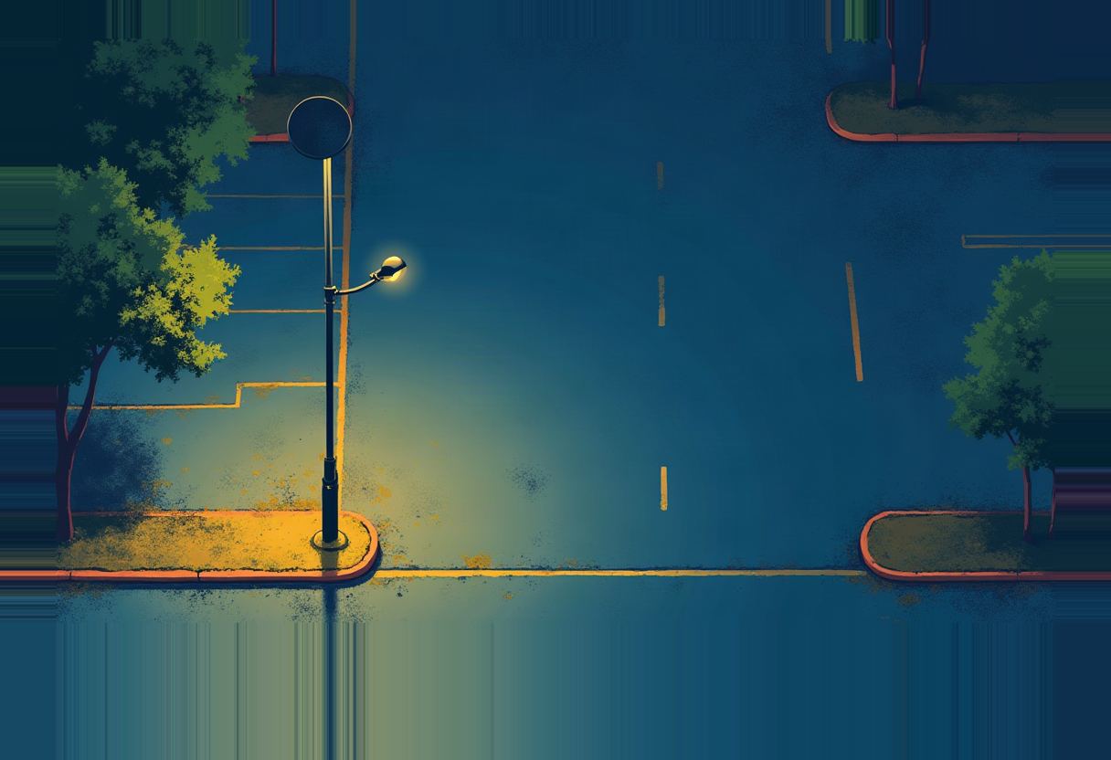 A single glowing streetlamp lights an empty curb and lane-marked road at night, with trees on both sides of the blue-toned street.
