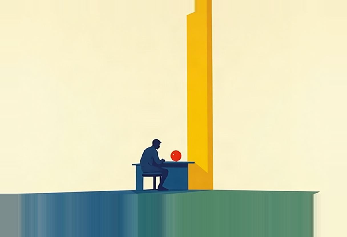 Flat illustration of a silhouetted figure sitting at a desk with a red sphere, beside a tall yellow vertical slab, on a blue-green horizon against a pale yellow background.