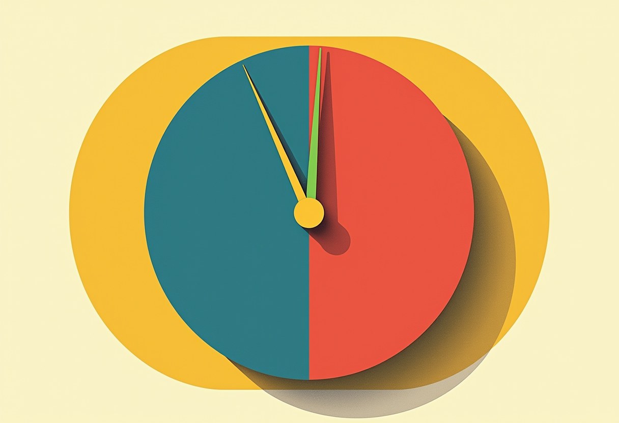 A round clock face split teal-left/red-right, with yellow hour and minute hands and a thin green second hand near 12, set against a yellow rounded-square shape on a pale yellow background.