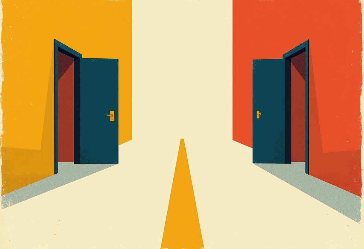 Two dark teal doors stand open in facing yellow and orange walls, with a yellow triangular path leading between them on a cream floor.