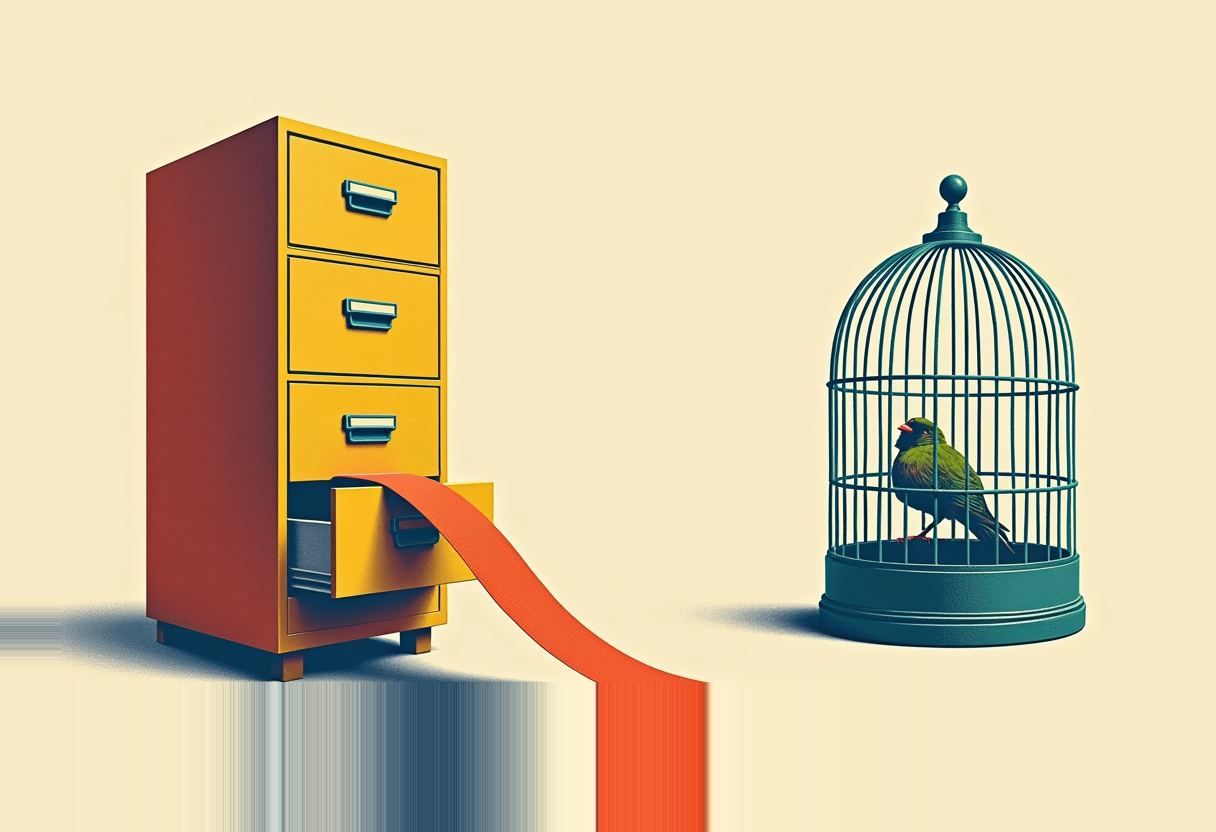 A yellow filing cabinet with an open bottom drawer connects via an orange ribbon to a dark teal birdcage holding a green bird, on a cream background.