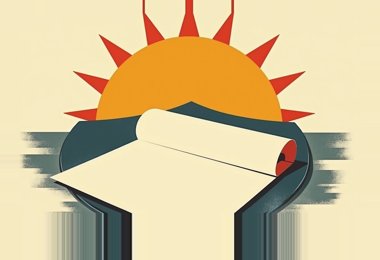 A pair of dark teal hands unrolls a cream scroll against a rising orange sun with red triangular rays on a cream background.