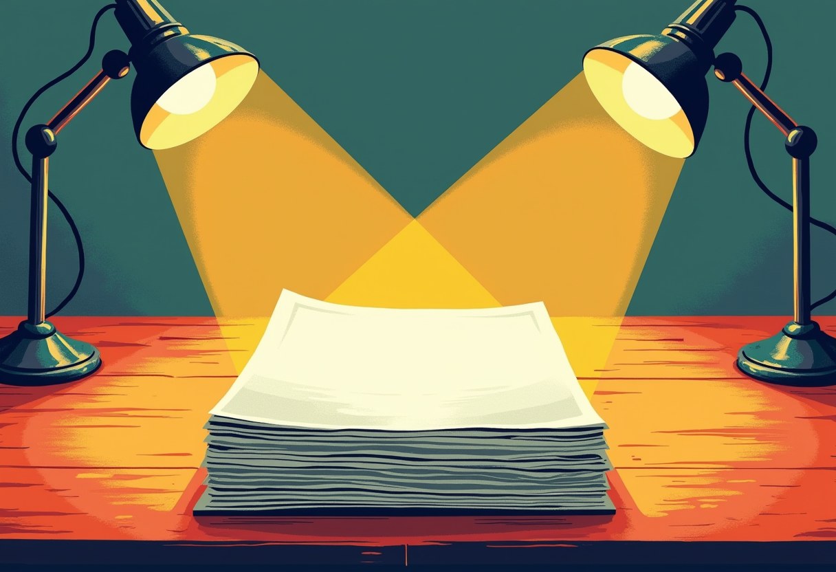 Two desk lamps shine crossing beams of yellow light onto a stack of blank white papers on an orange wooden desk, against a teal background.